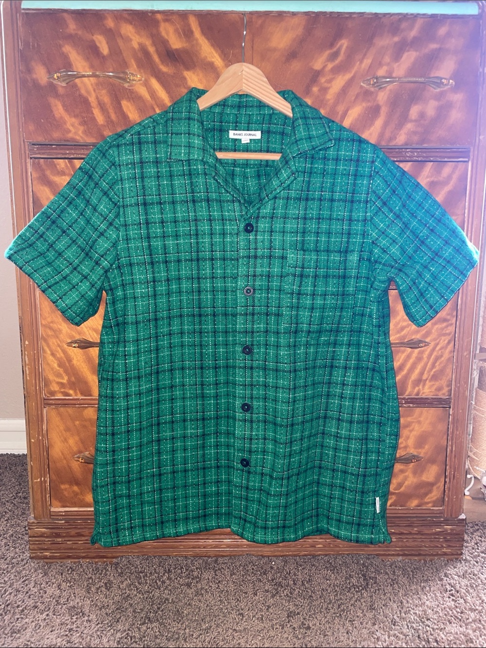 Men's Banks Journal Green Plaid Short Sleeve Button-Up Flannel Shirt Size Medium